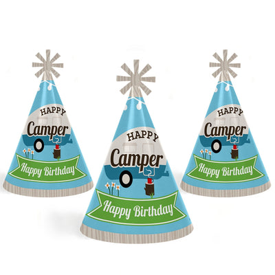 Happy Camper - Cone Camping Happy Birthday Party Hats for Kids and Adults - Set of 8 (Standard Size)