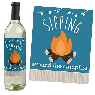 Happy Camper - Camping Baby Shower or Birthday Party Decorations for Women and Men - Wine Bottle Label Stickers - Set of 4