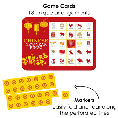 Chinese New Year - Bingo Cards and Markers - Lunar New Year Party Bingo Game - Set of 18