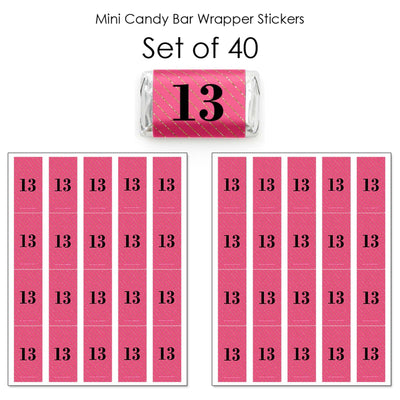 Chic 13th Birthday - Pink, Black and Gold - Mini Candy Bar Wrapper Stickers - Birthday Party Small Favors - 40 Count