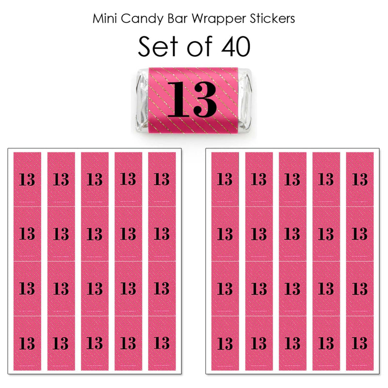 Chic 13th Birthday - Pink, Black and Gold - Mini Candy Bar Wrapper Stickers - Birthday Party Small Favors - 40 Count