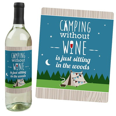 Happy Camper - Camping Baby Shower or Birthday Party Decorations for Women and Men - Wine Bottle Label Stickers - Set of 4