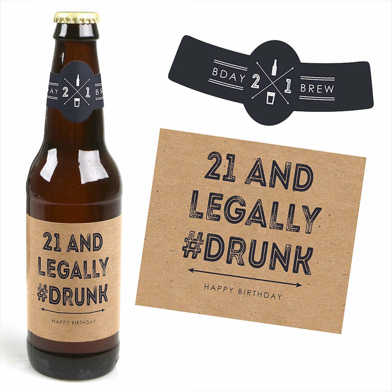 Finally 21 - Decorations for Women and Men - 6 Beer Bottle Labels and 1 Carrier - Birthday Gift