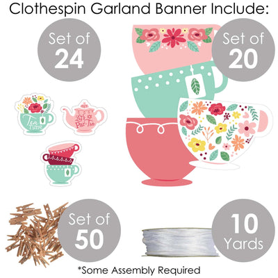 Floral Let's Par-Tea - Garden Tea Party DIY Decorations - Clothespin Garland Banner - 44 Pieces