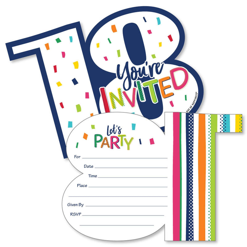 18th Birthday - Cheerful Happy Birthday - Shaped Fill-In Invitations - Colorful Eighteenth Birthday Party Invitation Cards with Envelopes - Set of 12