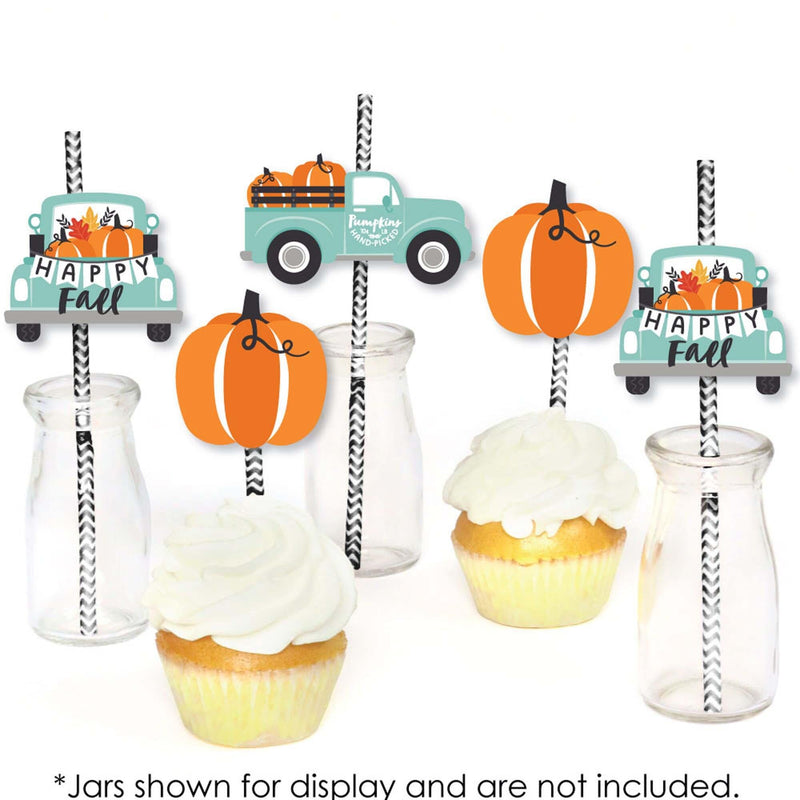 Happy Fall Truck - Paper Straw Decor - Harvest Pumpkin Party Striped Decorative Straws - Set of 24