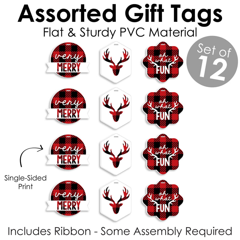 Prancing Plaid - Assorted Hanging Reindeer Holiday and Christmas Party Favor Tags - Gift Tag Toppers - Set of 12