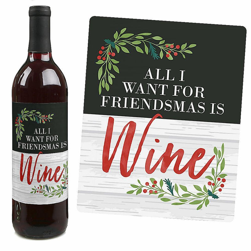 Rustic Merry Friendsmas - Friends Christmas Party Decorations for Women and Men - Wine Bottle Label Stickers - Set of 4