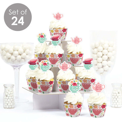 Floral Let's Par-Tea - Cupcake Decoration - Garden Tea Party Cupcake Wrappers and Treat Picks Kit - Set of 24