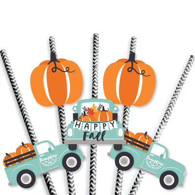 Happy Fall Truck - Paper Straw Decor - Harvest Pumpkin Party Striped Decorative Straws - Set of 24