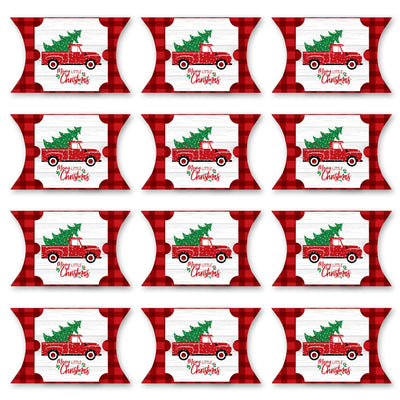 Merry Little Christmas Tree - Favor Gift Boxes - Red Truck Christmas Party Large Pillow Boxes - Set of 12