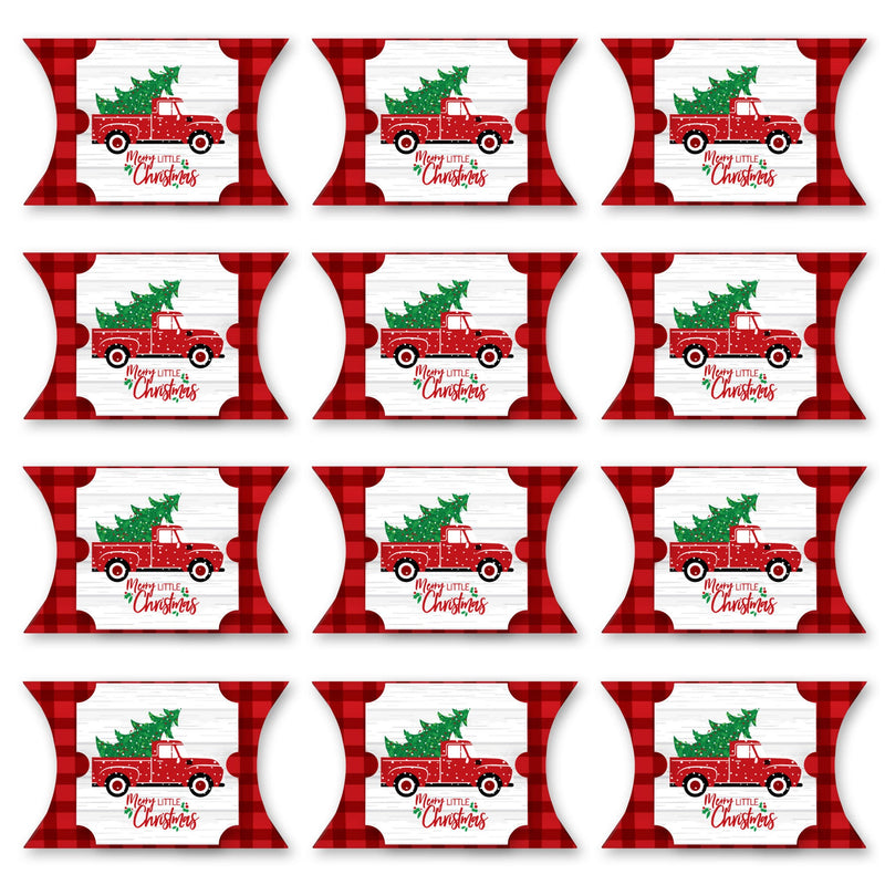 Merry Little Christmas Tree - Favor Gift Boxes - Red Truck Christmas Party Large Pillow Boxes - Set of 12