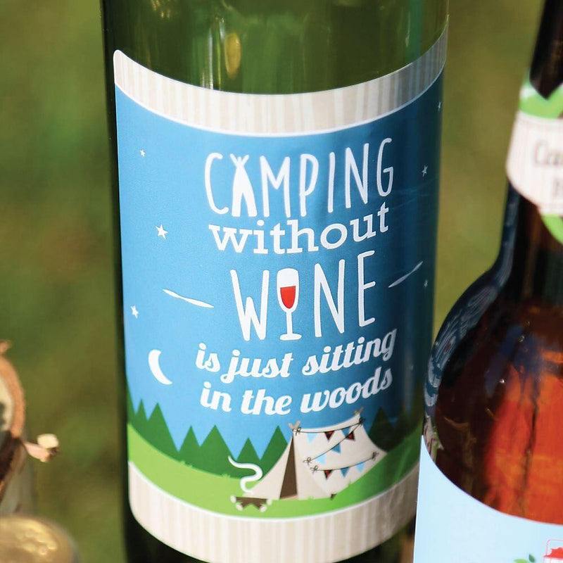 Happy Camper - Camping Baby Shower or Birthday Party Decorations for Women and Men - Wine Bottle Label Stickers - Set of 4