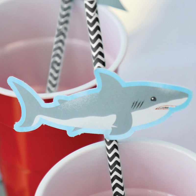 Shark Zone - Paper Straw Decor - Jawsome Shark Party or Birthday Party Striped Decorative Straws - Set of 24