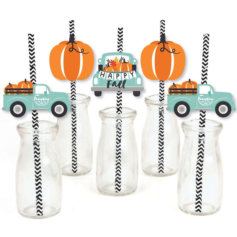 Happy Fall Truck - Paper Straw Decor - Harvest Pumpkin Party Striped Decorative Straws - Set of 24