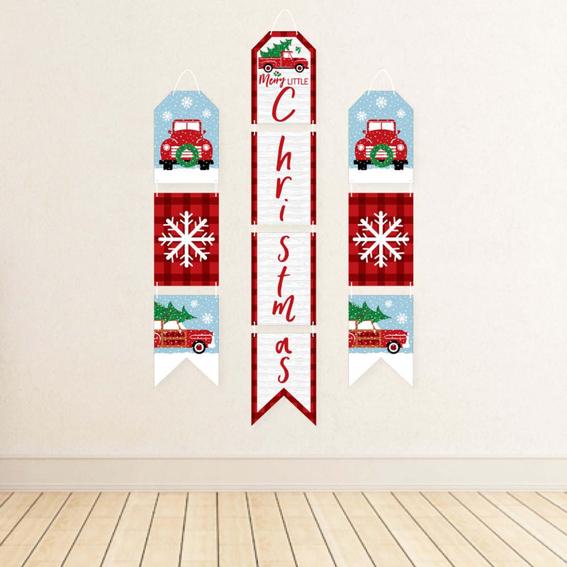 Merry Little Christmas Tree - Hanging Vertical Paper Door Banners - Red Truck and Car Christmas Party Wall Decoration Kit - Indoor Door Decor