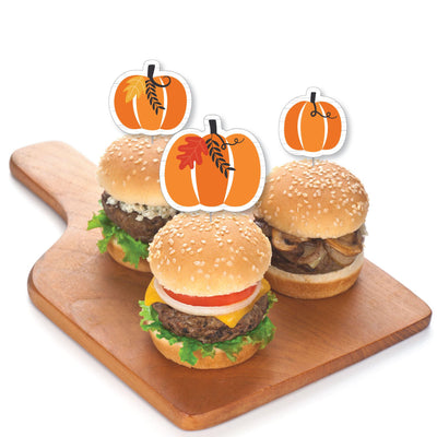 Fall Pumpkin - Dessert Cupcake Toppers - Halloween or Thanksgiving Party Clear Treat Picks - Set of 24