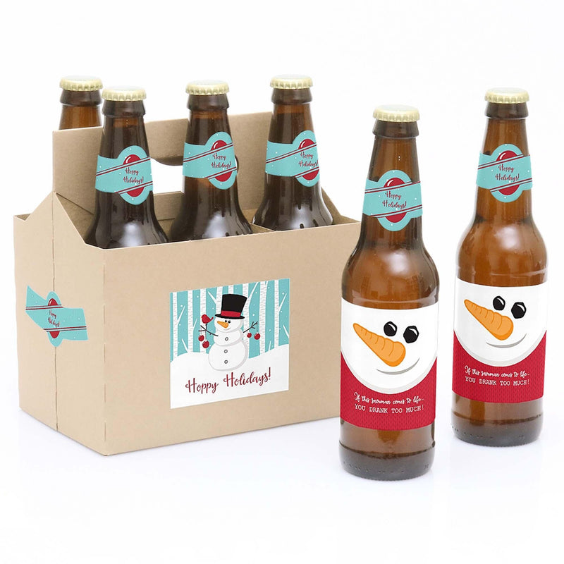 Let It Snow - Snowman - Decorations for Women and Men - 6 Holiday & Christmas Party Beer Bottle Label Stickers and 1 Carrier