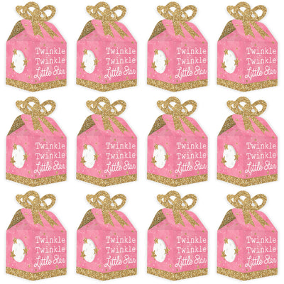 Pink Twinkle Twinkle Little Star - Square Favor Gift Boxes - Baby Shower or Birthday Party Bow Boxes - Set of 12