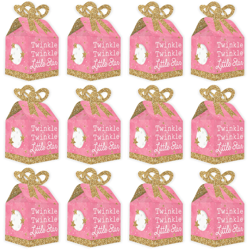 Pink Twinkle Twinkle Little Star - Square Favor Gift Boxes - Baby Shower or Birthday Party Bow Boxes - Set of 12