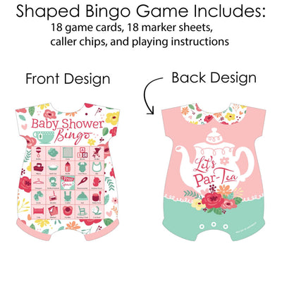 Floral Let's Par-Tea - Picture Bingo Cards and Markers - Garden Tea Party Baby Shower Shaped Bingo Game - Set of 18