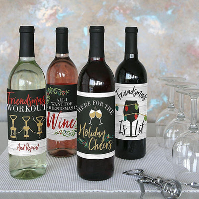 Rustic Merry Friendsmas - Friends Christmas Party Decorations for Women and Men - Wine Bottle Label Stickers - Set of 4