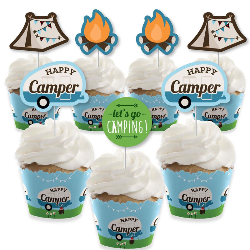 Happy Camper - Cupcake Decoration - Camping Baby Shower or Birthday Party Cupcake Wrappers and Treat Picks Kit - Set of 24