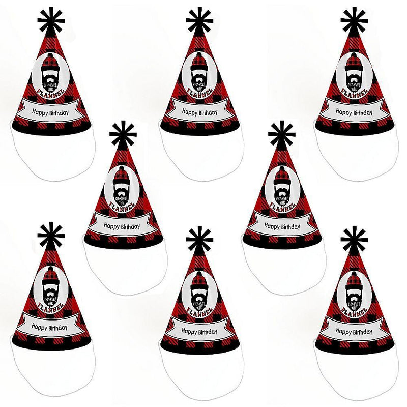 Lumberjack - Channel the Flannel - Cone Buffalo Plaid Birthday Party Hats for Kids and Adults - Set of 8 (Standard Size)