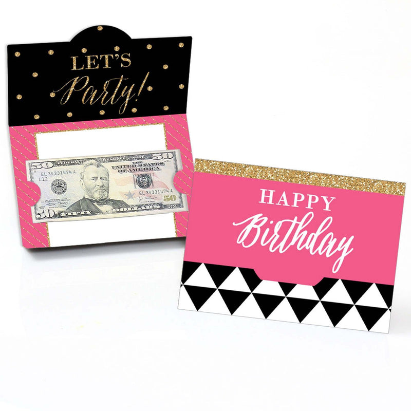 Chic Happy Birthday - Pink, Black and Gold - Birthday Party Money and Gift Card Holders - Set of 8