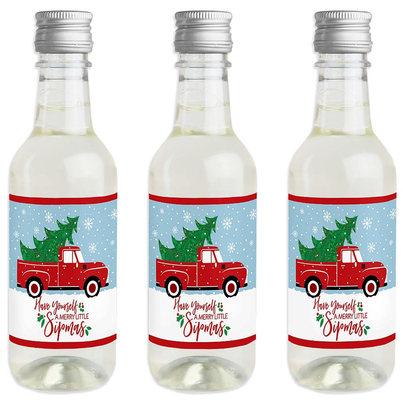 Merry Little Christmas Tree - Mini Wine and Champagne Bottle Label Stickers - Red Truck and Car Christmas Party Favor Gift - For Women and Men - Set of 16