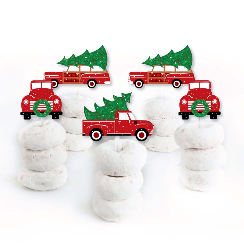 Merry Little Christmas Tree - Dessert Cupcake Toppers - Red Truck and Car Christmas Party Clear Treat Picks - Set of 24