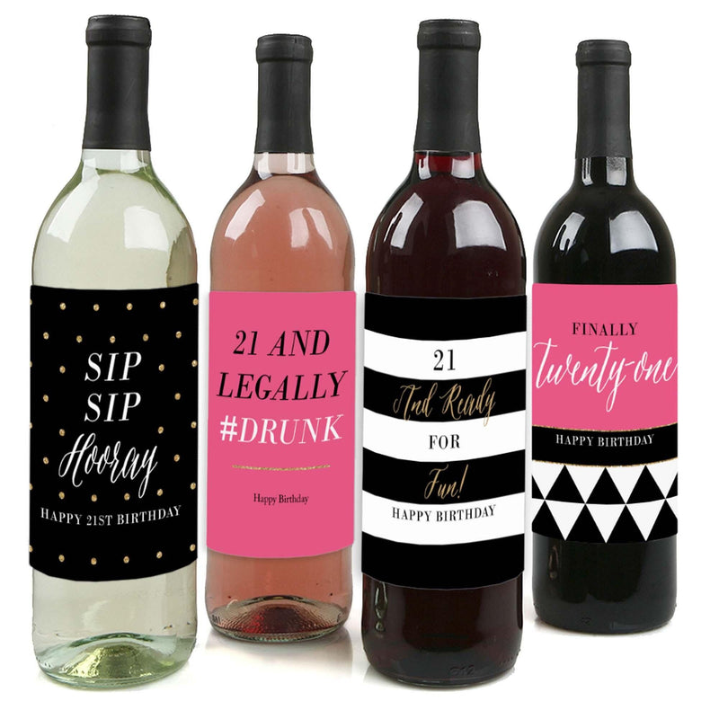 Finally 21 - Girl - Decorations for Women - Wine Bottle Labels Birthday Gift - Set of 4