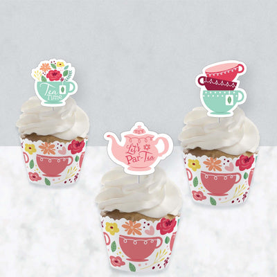 Floral Let's Par-Tea - Cupcake Decoration - Garden Tea Party Cupcake Wrappers and Treat Picks Kit - Set of 24