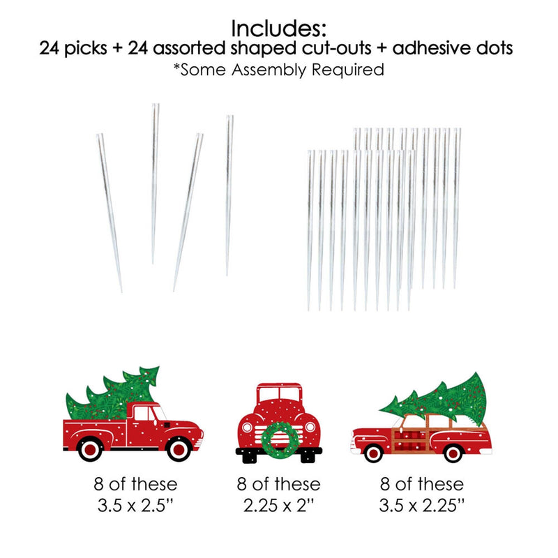 Merry Little Christmas Tree - Dessert Cupcake Toppers - Red Truck and Car Christmas Party Clear Treat Picks - Set of 24