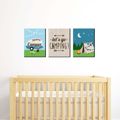 Happy Camper - Nursery Wall Art, Kids Room Decor and Camping Home Decorations - 7.5 x 10 inches - Set of 3 Prints