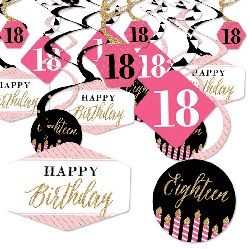 Chic 18th Birthday - Pink, Black and Gold - Birthday Party Hanging Decor - Party Decoration Swirls - Set of 40