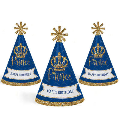 Royal Prince Charming - Cone Happy Birthday Party Hats for Kids and Adults - Set of 8 (Standard Size)