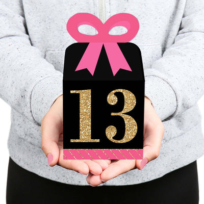 Chic 13th Birthday - Pink, Black and Gold - Square Favor Gift Boxes - Birthday Party Bow Boxes - Set of 12