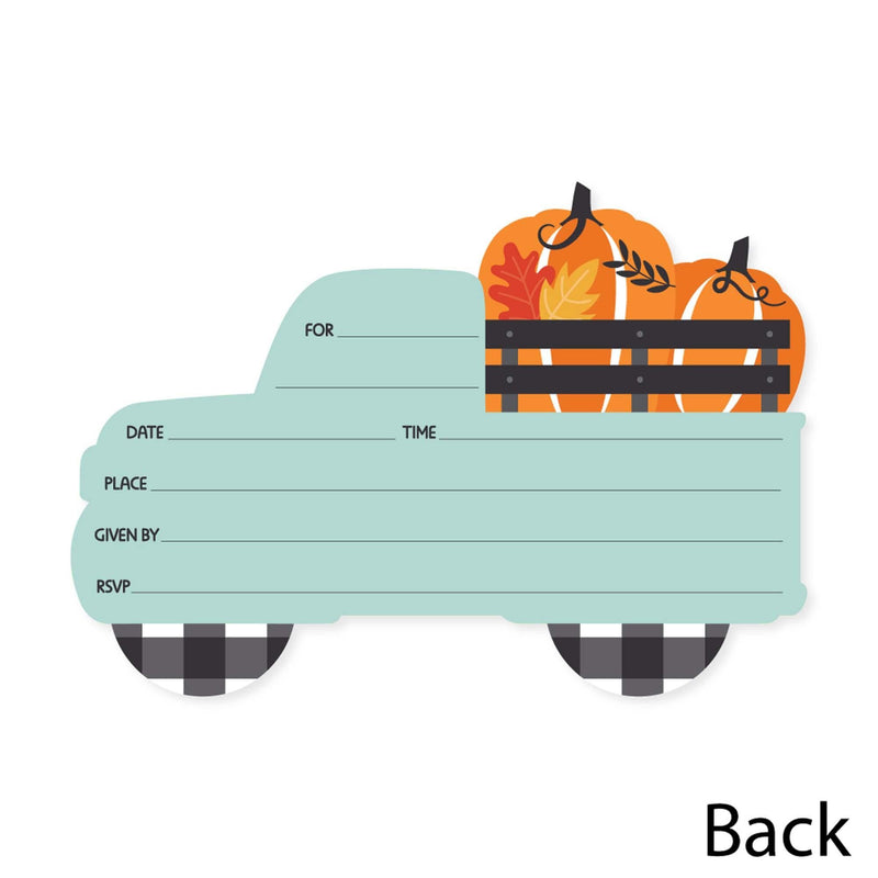 Happy Fall Truck - Shaped Fill-In Invitations - Harvest Pumpkin Party Invitation Cards with Envelopes - Set of 12