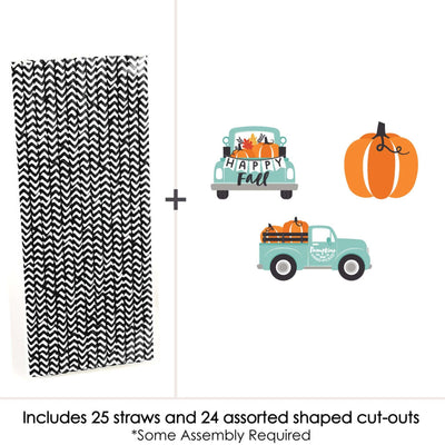 Happy Fall Truck - Paper Straw Decor - Harvest Pumpkin Party Striped Decorative Straws - Set of 24