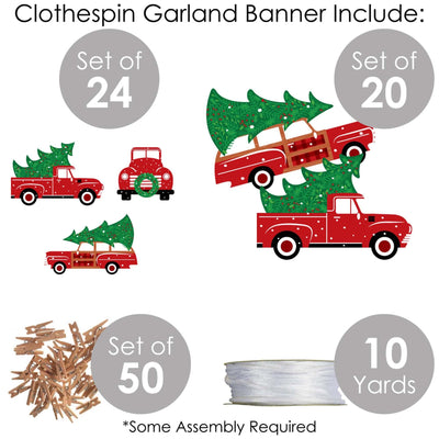 Merry Little Christmas Tree - Red Truck and Car Christmas Party DIY Decorations - Clothespin Garland Banner - 44 Pieces