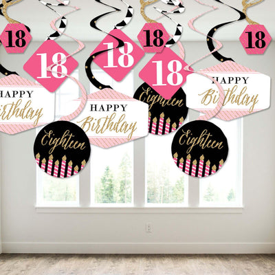 Chic 18th Birthday - Pink, Black and Gold - Birthday Party Hanging Decor - Party Decoration Swirls - Set of 40