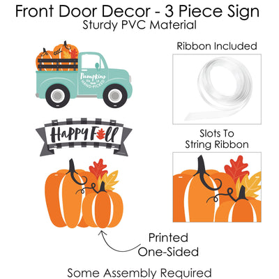 Happy Fall Truck - Hanging Porch Harvest Pumpkin Party Outdoor Decorations - Front Door Decor - 3 Piece Sign