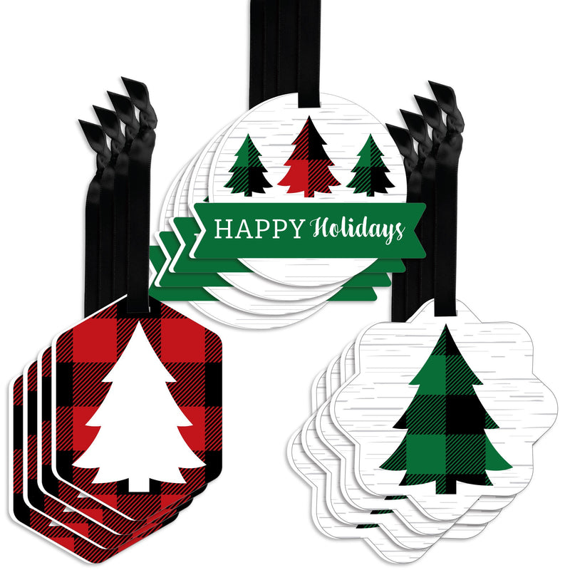 Holiday Plaid Trees - Assorted Hanging Buffalo Plaid Christmas Party Favor Tags - Gift Tag Toppers - Set of 12