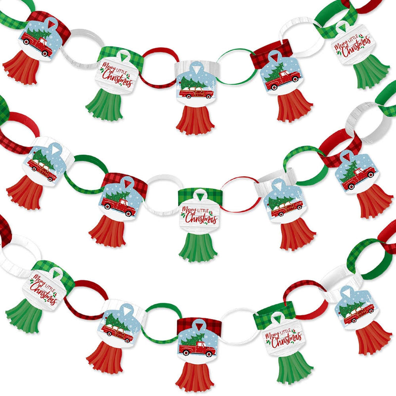 Merry Little Christmas Tree - 90 Chain Links and 30 Paper Tassels Decoration Kit - Red Truck and Car Christmas Party Paper Chains Garland - 21 feet