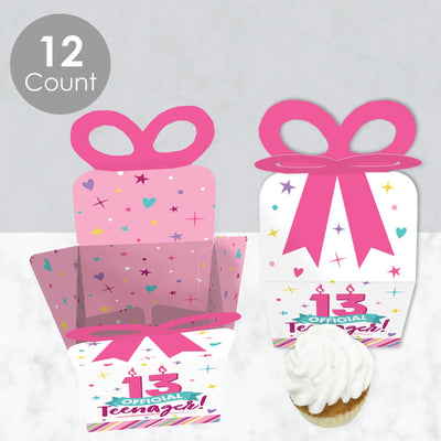 Girl 13th Birthday - Square Favor Gift Boxes - Official Teenager Birthday Party Bow Boxes - Set of 12