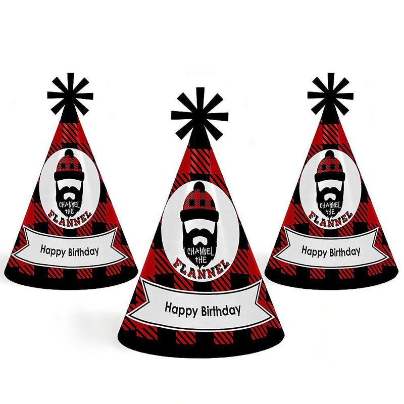 Lumberjack - Channel the Flannel - Cone Buffalo Plaid Birthday Party Hats for Kids and Adults - Set of 8 (Standard Size)