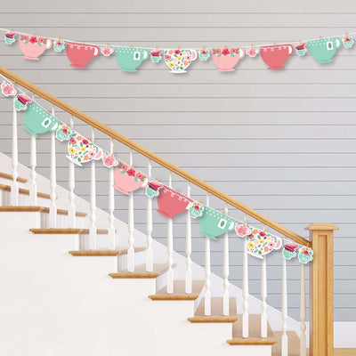 Floral Let's Par-Tea - Garden Tea Party DIY Decorations - Clothespin Garland Banner - 44 Pieces