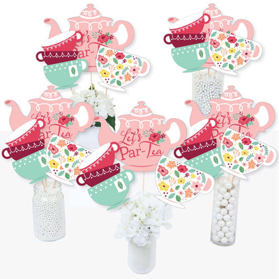 Floral Let's Par-Tea - Garden Tea Party Centerpiece Sticks - Table Toppers - Set of 15