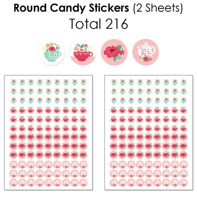 Floral Let's Par-Tea - Mini Candy Bar Wrappers, Round Candy Stickers and Circle Stickers - Garden Tea Party Candy Favor Sticker Kit - 304 Pieces